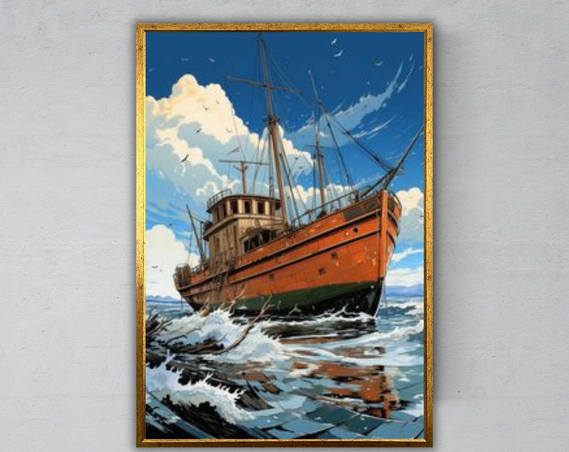 Old Rusty Fishing Trawler On Stormy Waves Vintage Maritime Art Poster