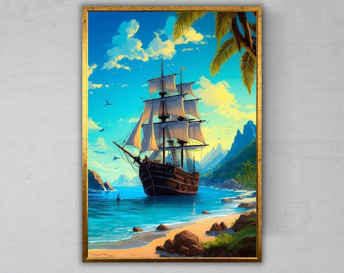 Tall Pirate Ship Anchored Tropical Beach Lagoon Adventure Art Print