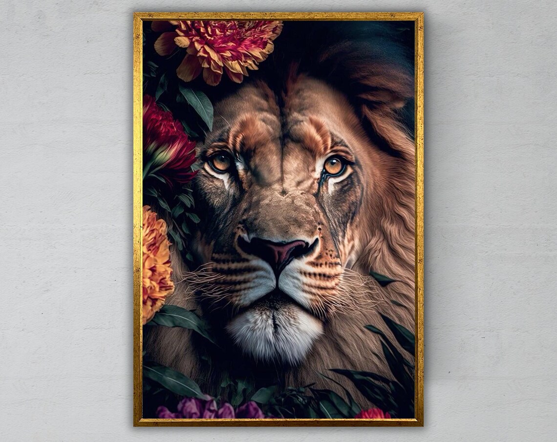 Majestic Lion Face Floral Crown Dramatic Dark Wildlife Portrait Art Print