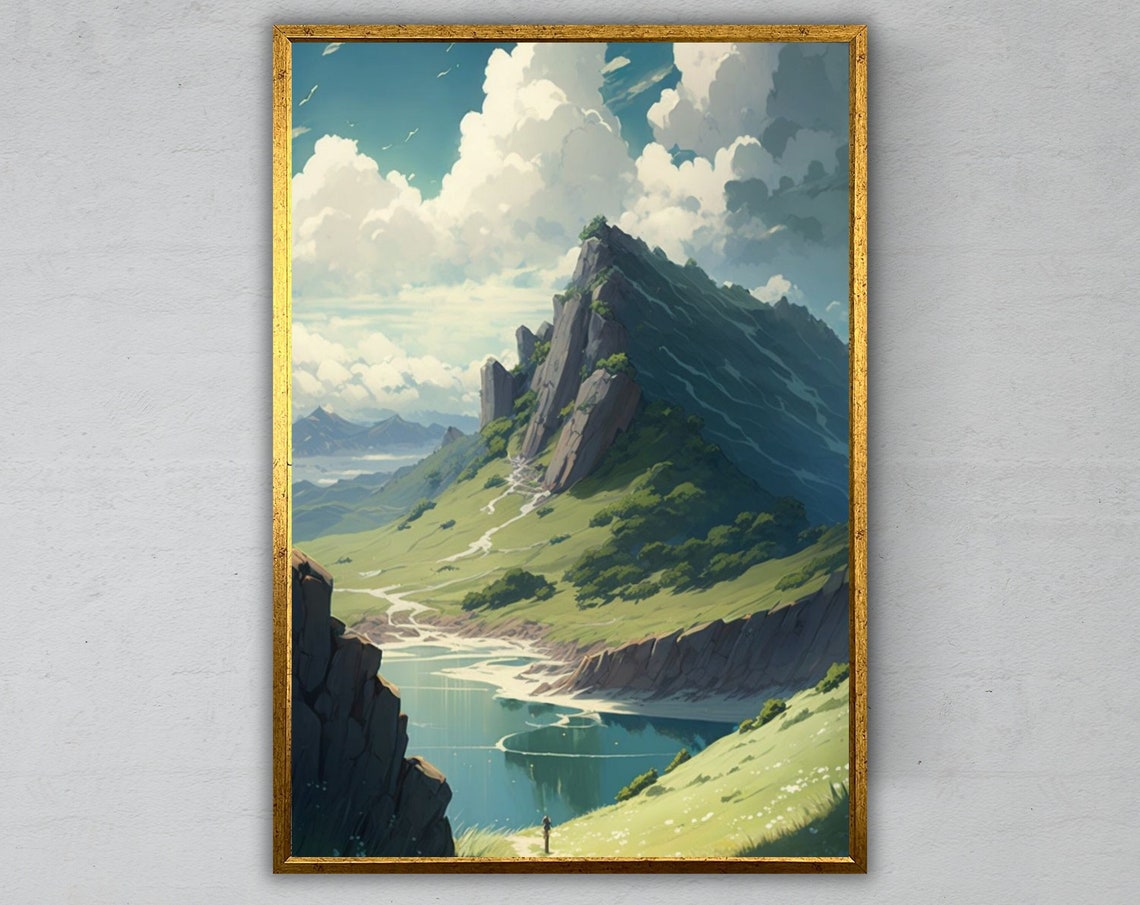 Anime Style Mountain Valley Lake Green Meadows Dreamlike Travel Poster