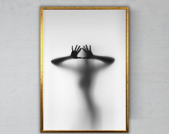 Woman Silhouette Behind Frosted Glass Black And White Photography Poster