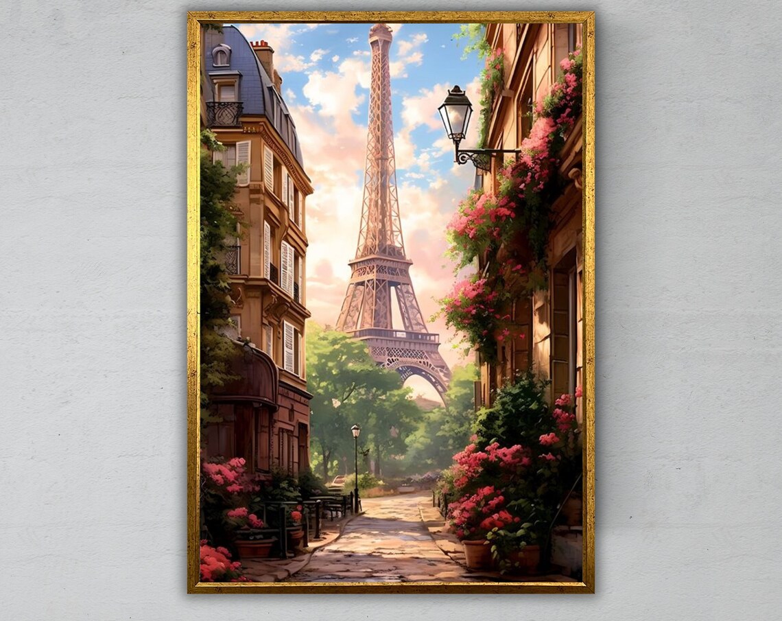 Paris Eiffel Tower Street Haussmann Buildings Flowers Decor Print