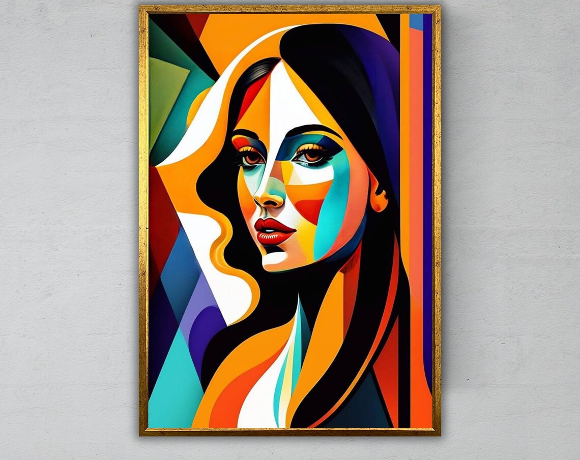Geometric Cubist Woman Portrait Bold Orange Teal Abstract Poster