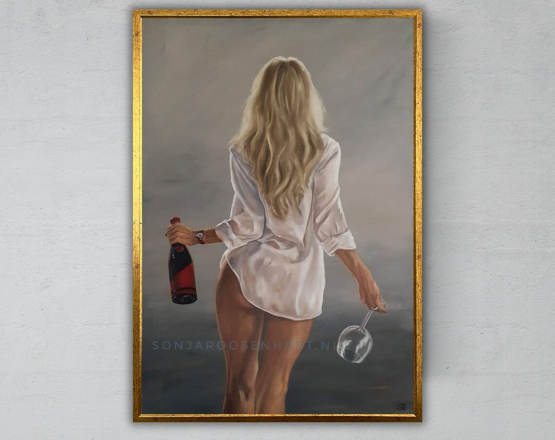 Woman In White Shirt Holding Wine Bottle And Glass From Behind Art Print