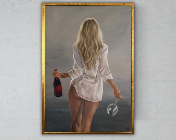 Woman In White Shirt Holding Wine Bottle And Glass From Behind Art Print