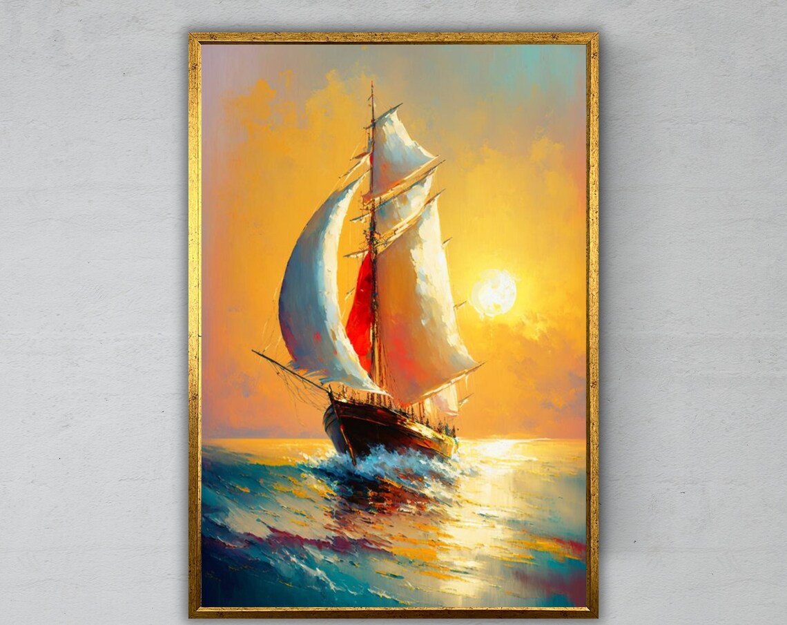 Classic Sailboat Golden Sunset Ocean Waves Impressionist Art Print