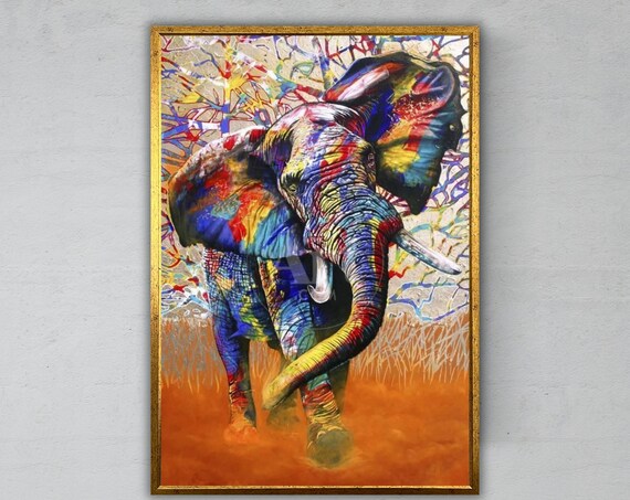 Colorful Elephant Walking With Raised Trunk Splash Art Wildlife Poster