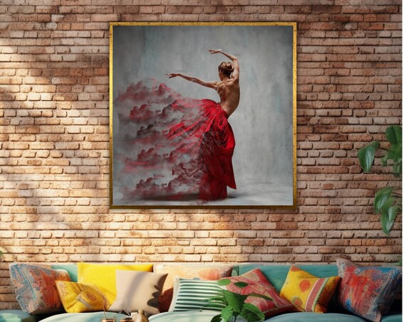 Red Skirt Ballerina Dancer Smoke Effect Elegant Grey Background Art Print