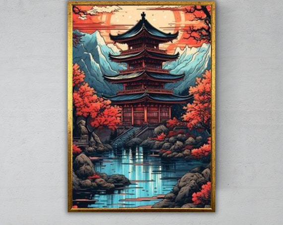 Japanese Art Temple Poster By Simon Clement Displate Asian Temple Wall Art Japanese Art Poster Simon Clement Print Ready To Hang