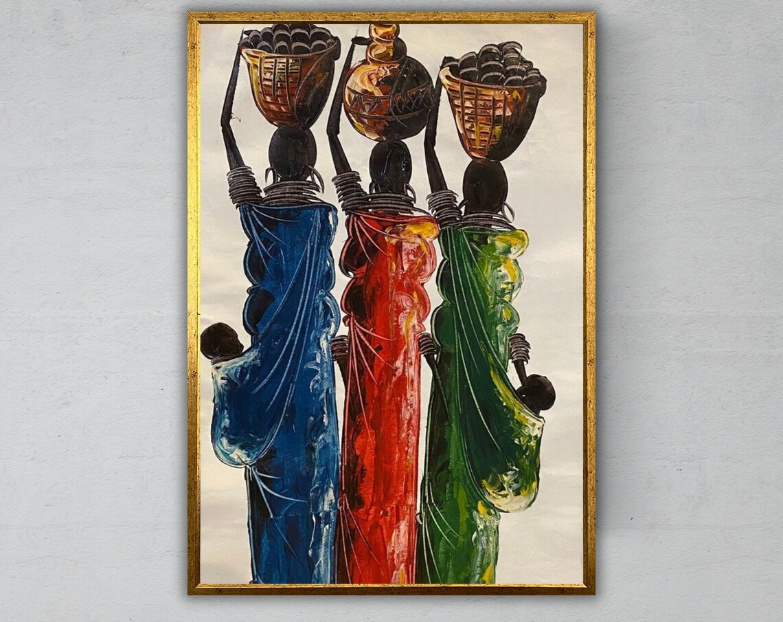 African Women Carrying Baskets Heads Colorful Dresses Art Poster