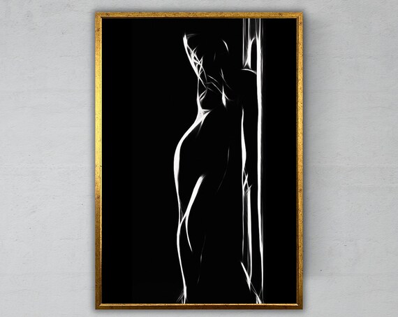 Minimalist White Line Female Silhouette Black Background Elegant Modern Print