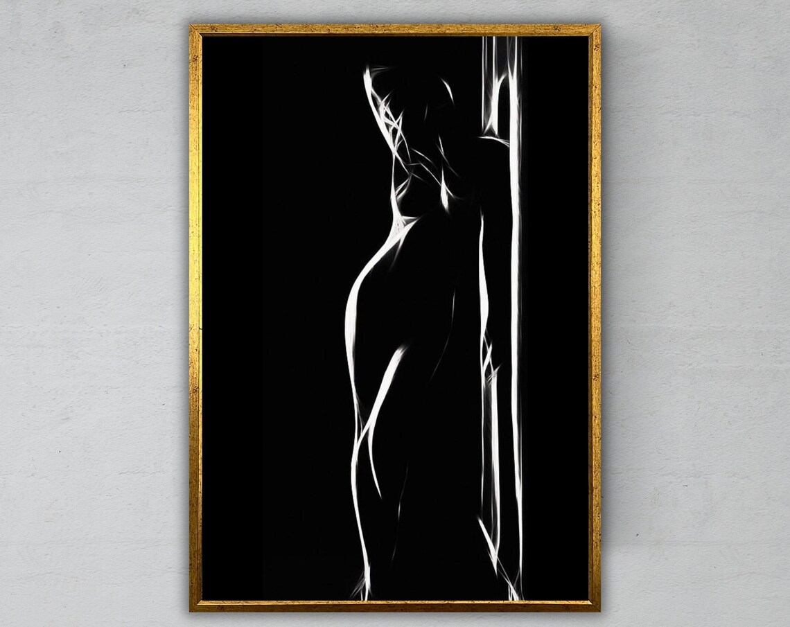 Minimalist White Line Female Silhouette Black Background Elegant Modern Print
