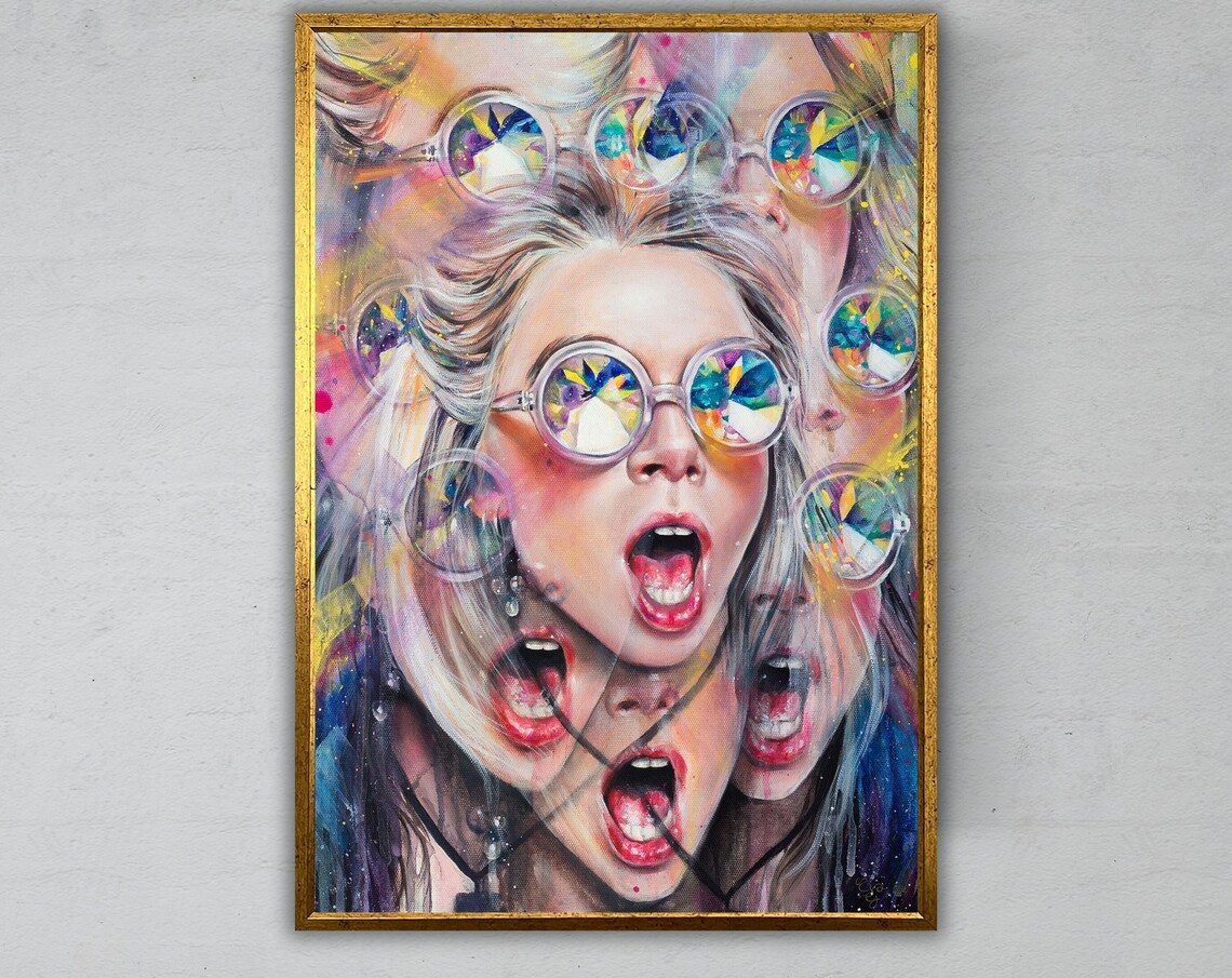Psychedelic Woman With Kaleidoscope Glasses Pop Art Portrait Wall Print