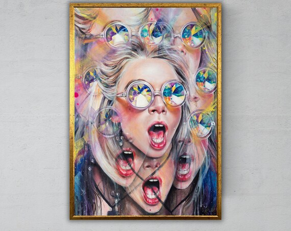 Psychedelic Woman With Kaleidoscope Glasses Pop Art Portrait Wall Print