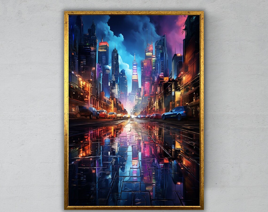 Neon City Street Night Skyscrapers Wet Reflections Cyberpunk Poster