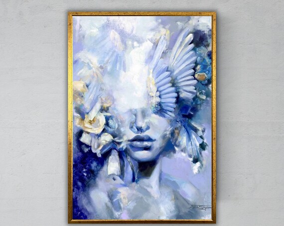 Ethereal Angel Woman With White Feathers Blue Dream Portrait Art Poster