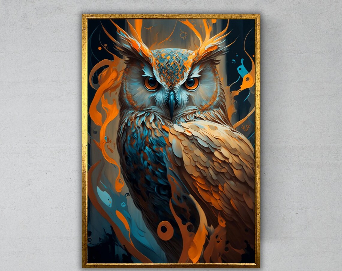 Majestic Owl Portrait Teal Gold Flame Swirls Wildlife Art Print