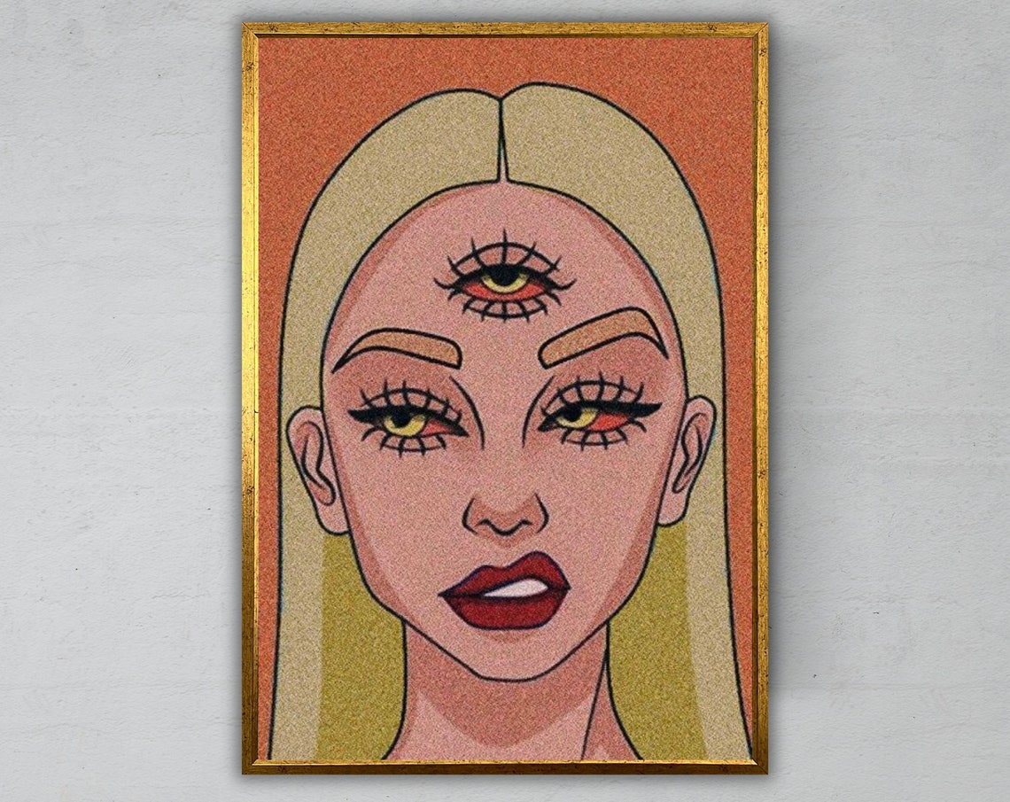 Mystical Third Eye Woman Illustration Retro Line Art Style Wall Poster