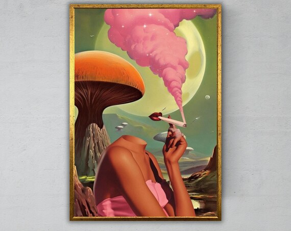 Pop Surrealism Headless Woman Smoking Mushroom Pink Moon Art Print