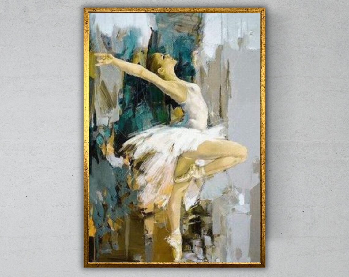 Ballerina White Tutu Leaping Teal Abstract Background Dynamic Dance Art Print