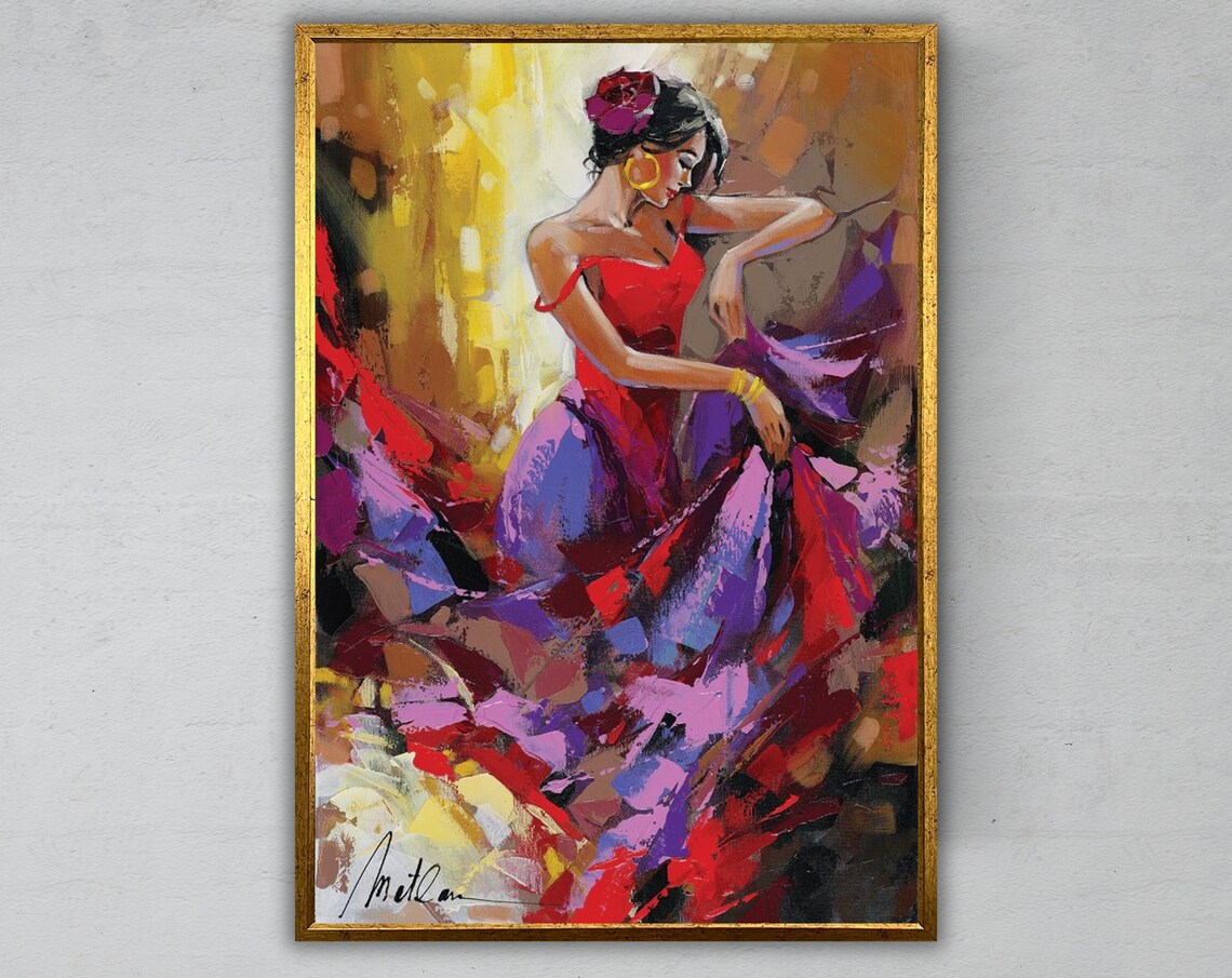 Flamenco Dancer Swirling Red Purple Dress Impressionist Painting Art Poster