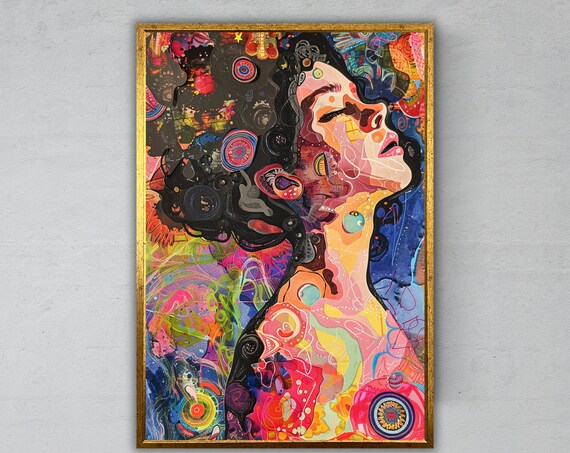 Psychedelic Abstract Woman Profile Painting Colorful Modern Art Wall Print