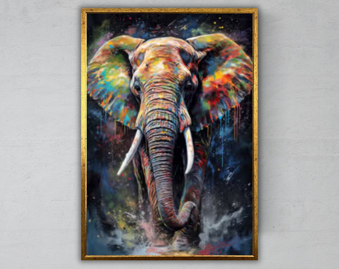 Colorful Elephant Paint Splashes Dramatic Dark Background Wildlife Art Print
