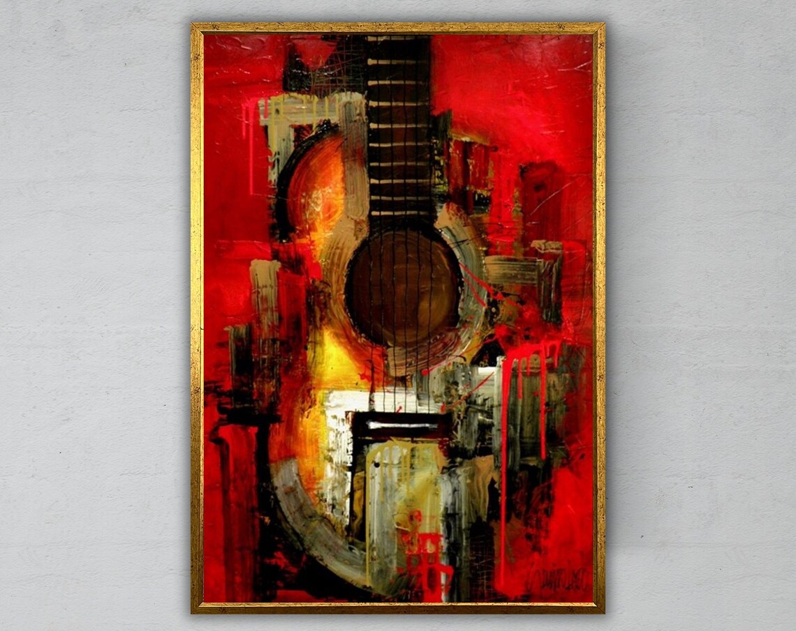Bold Abstract Red Guitar Impasto Oil Painting Music Lover Wall Art