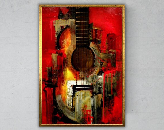 Bold Abstract Red Guitar Impasto Oil Painting Music Lover Wall Art