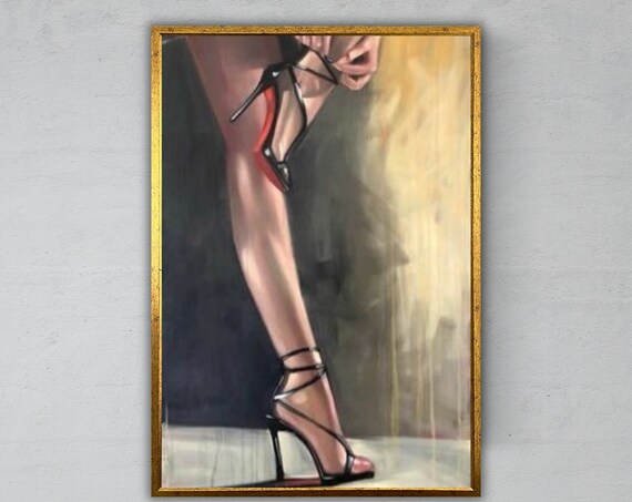 Woman Legs In Strappy Black High Heels With Red Sole Fashion Art Poster