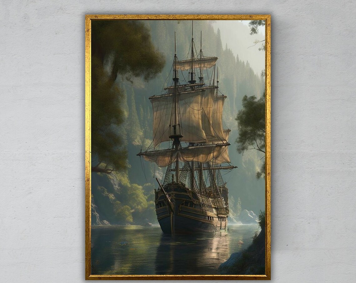 Majestic Tall Ship Sailing Through Misty Forest River Nautical Poster