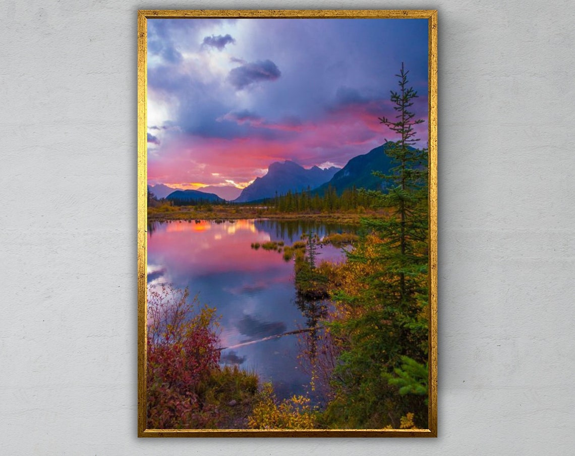 Mountain Lake Pink Purple Sunset Sky Mirror Reflection Travel Poster