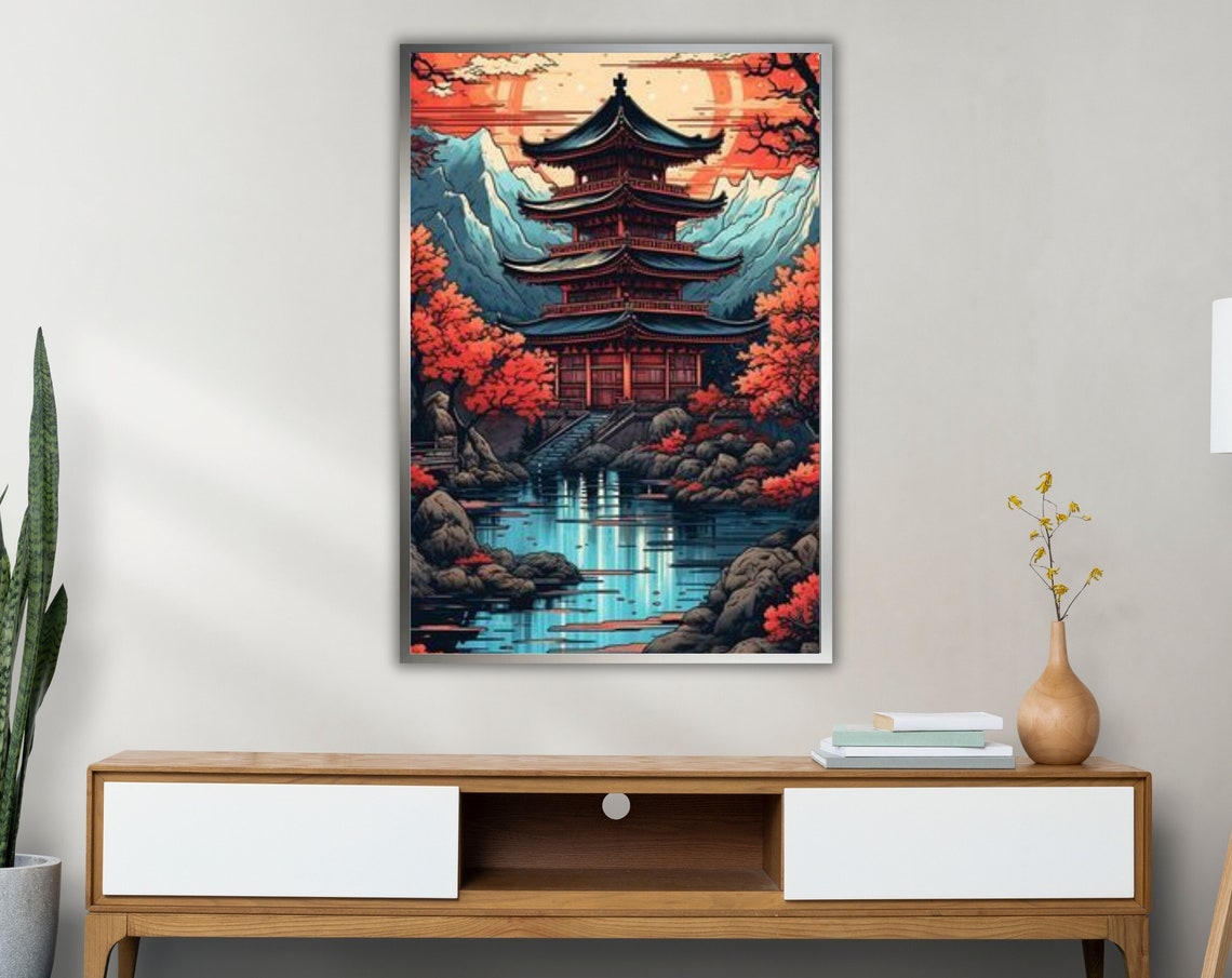 Japanese Five Story Pagoda Lake Autumn Maples Red Sun Art Poster - Image 4