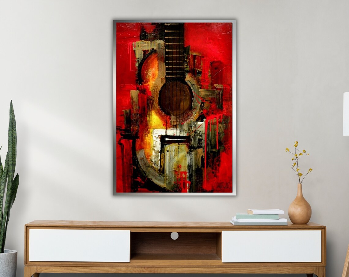 Bold Abstract Red Guitar Impasto Oil Painting Music Lover Wall Art - Image 4