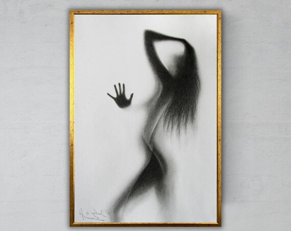 Charcoal Sketch Of Woman Silhouette Behind Glass With Handprint Wall Art