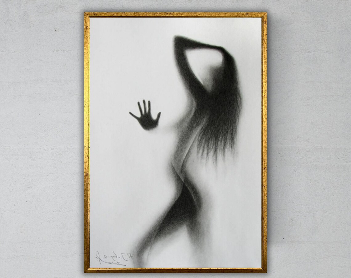 Charcoal Sketch Of Woman Silhouette Behind Glass With Handprint Wall Art