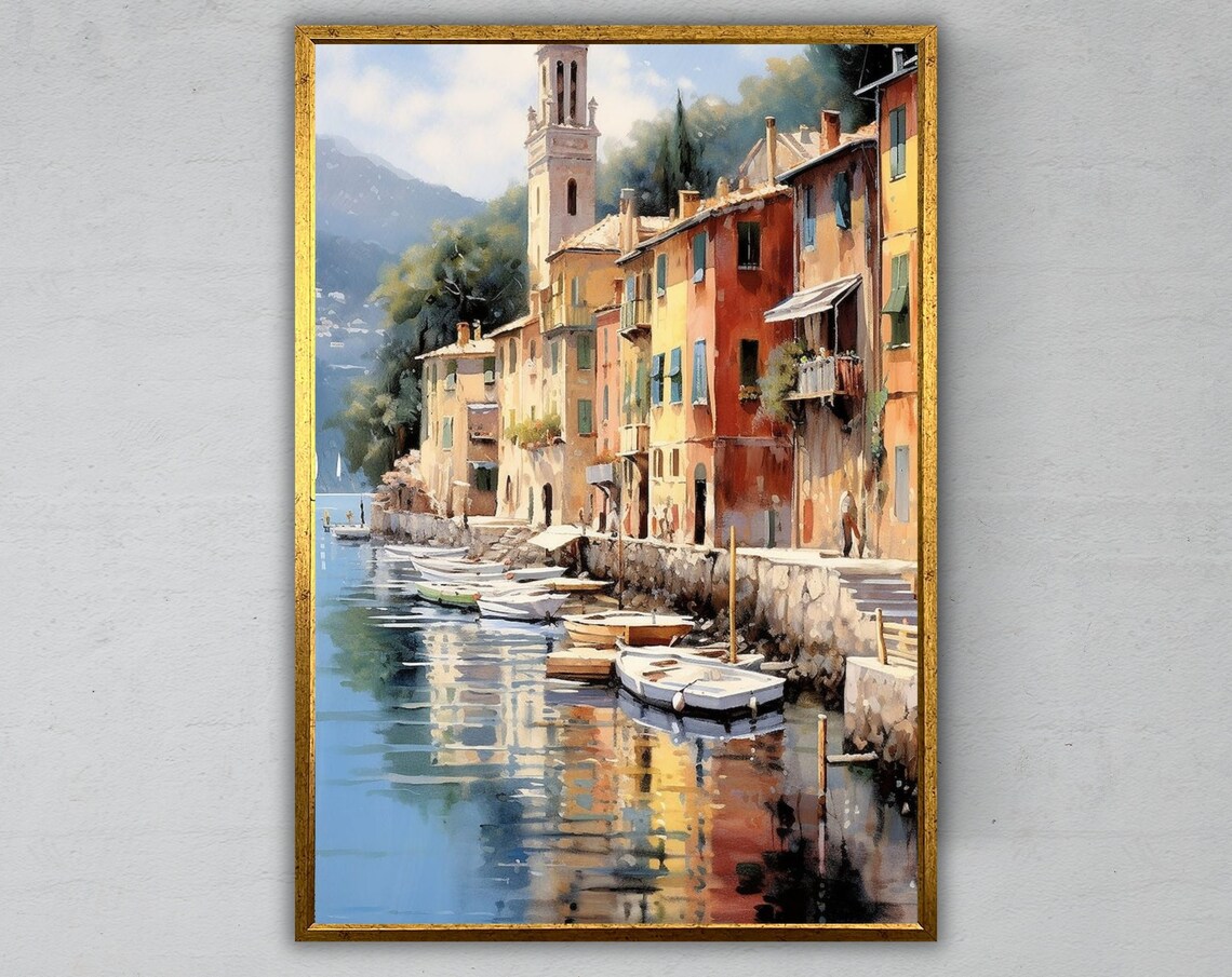 Italian Coastal Harbor Village Watercolor Boats Bell Tower Poster