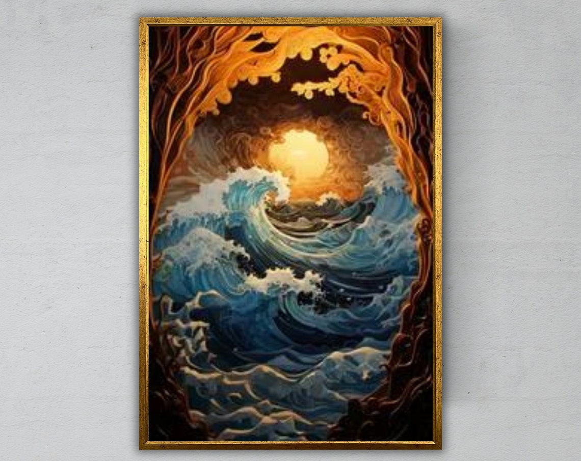 Surreal Ocean Wave Sunset Through Ancient Hollow Tree Art Print