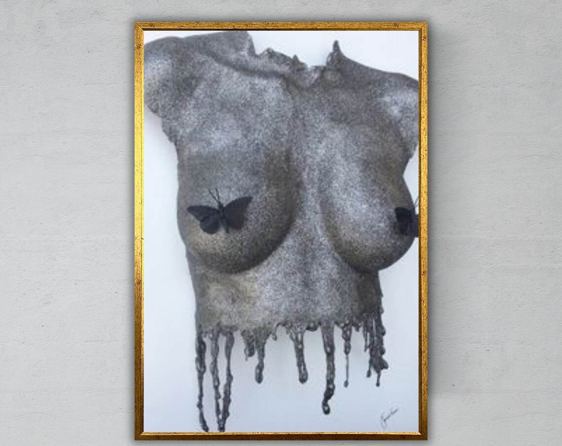 Metal Female Torso Sculpture Butterflies Surreal Grey Modern Wall Art Print