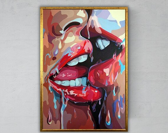 Glossy Red Lips Pop Art Painting Bold Dripping Lipstick Beauty Wall Art