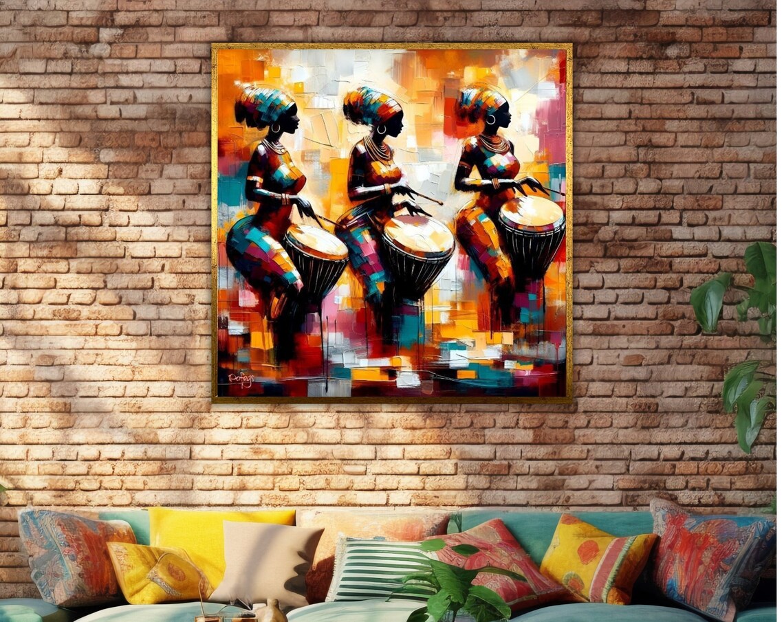 African Women Djembe Drummers Mosaic Palette Knife Music Wall Art