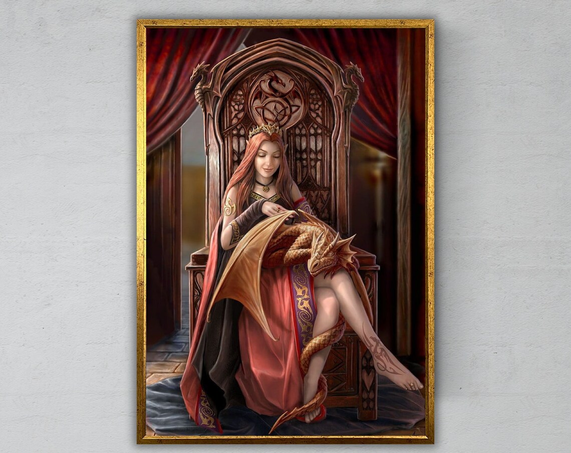 Fantasy Dragon Queen On Gothic Throne Crowned Maiden Enchanted Art Print