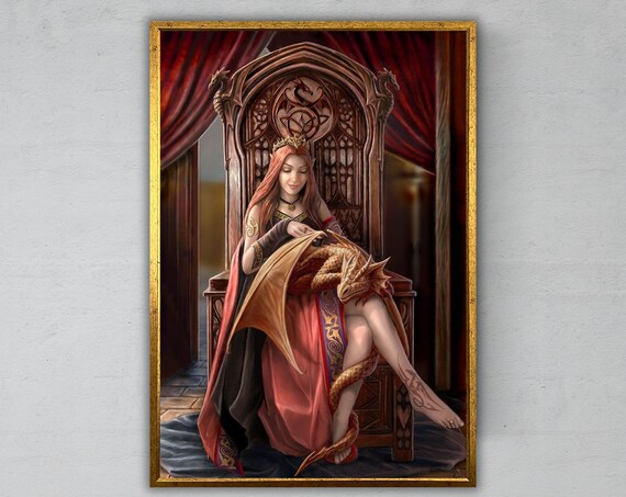 Fantasy Dragon Queen On Gothic Throne Crowned Maiden Enchanted Art Print