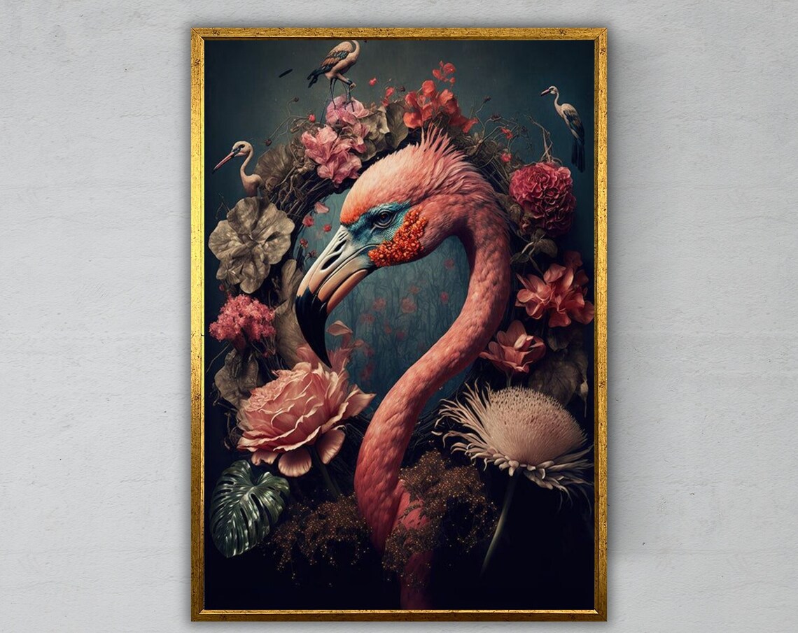 Elegant Flamingo With Lush Floral Bloom Dark Botanical Art Wall Poster