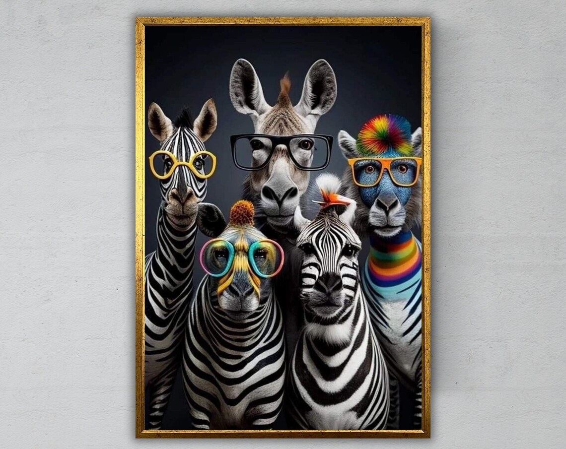 Funny Zebra Family Wearing Colorful Glasses Whimsical Animal Art Poster