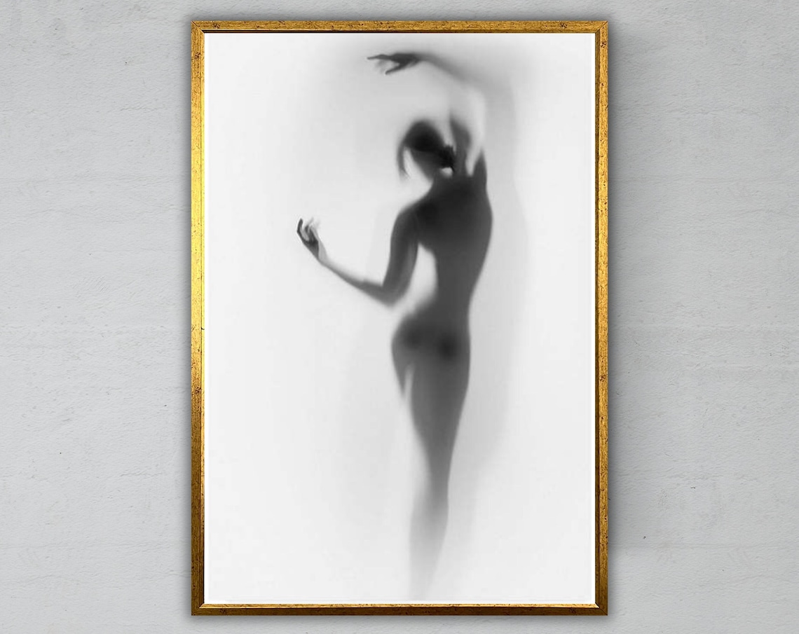 Blurred Dancing Woman Silhouette Behind Glass Black And White Art Poster