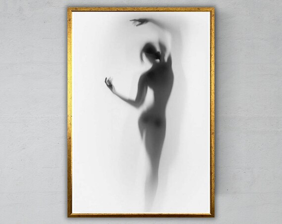 Blurred Dancing Woman Silhouette Behind Glass Black And White Art Poster