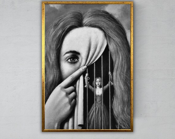 Surreal Woman Face Hiding A Tiny Prisoner Behind A Dark Curtain Poster