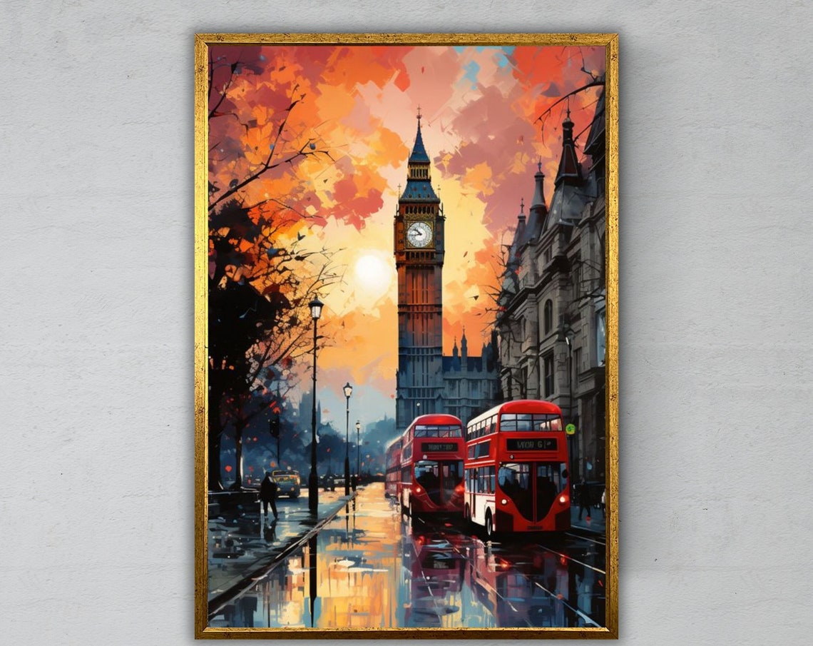 London Big Ben At Sunset With Red Double Decker Buses City Art Poster