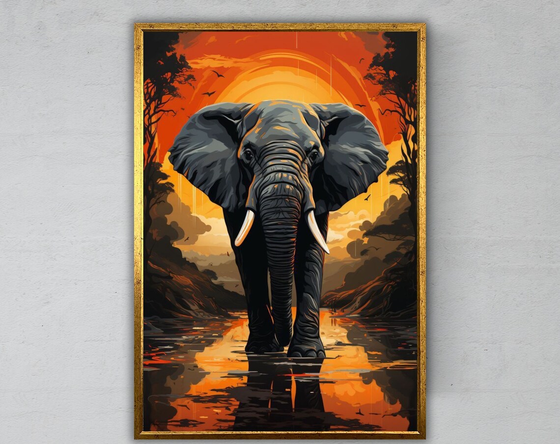 African Elephant Walking At Sunset With Water Reflection Wildlife Poster